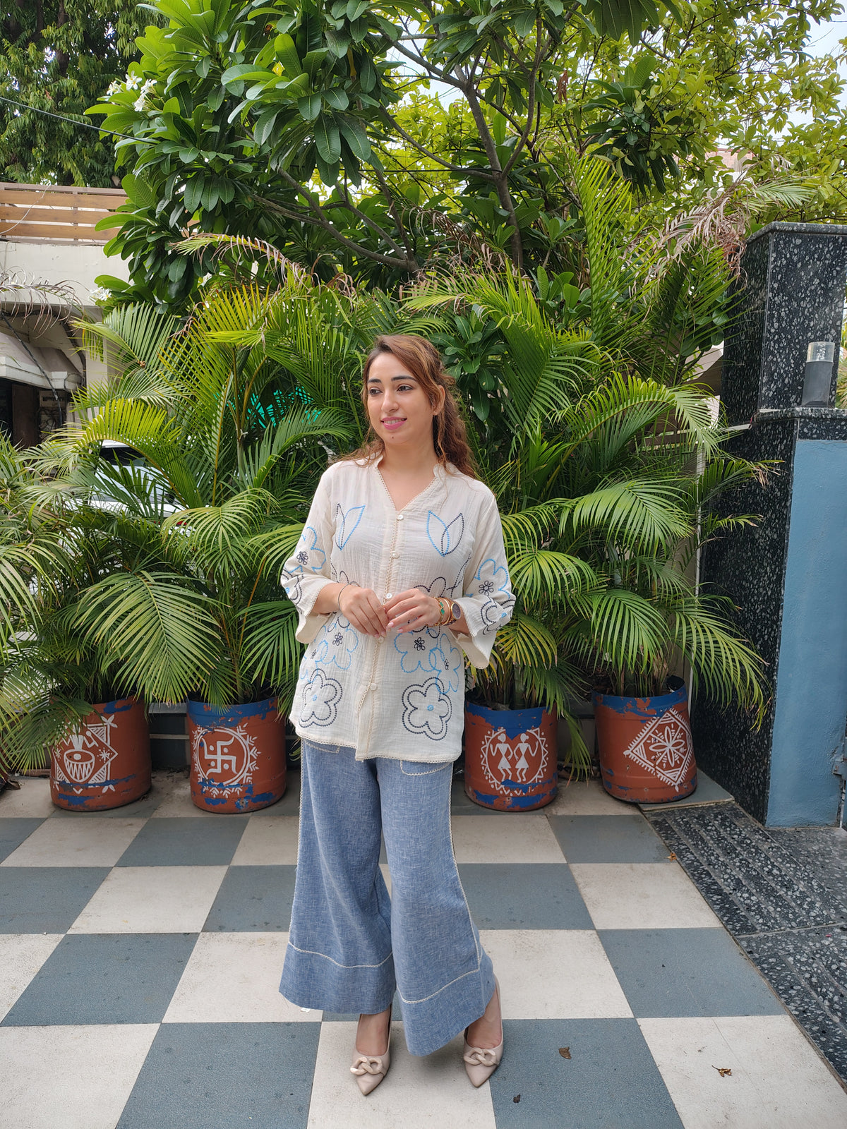 White Top Blue Pants Co-ord