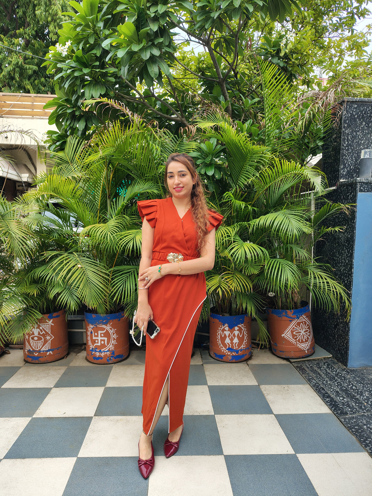Orange Slit Dress With Belt