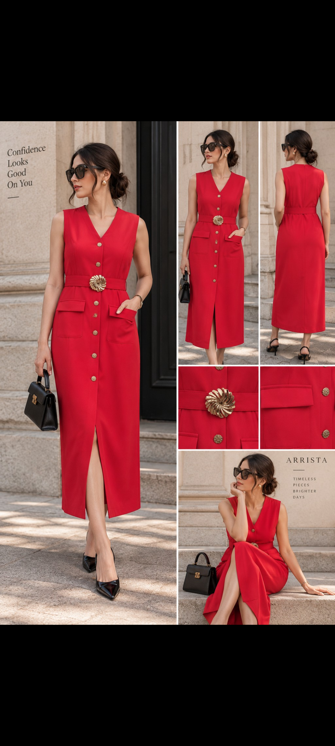 Red Dress With Gold Button Details