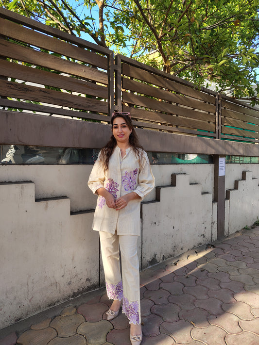 White Co-ord With Purple Flower