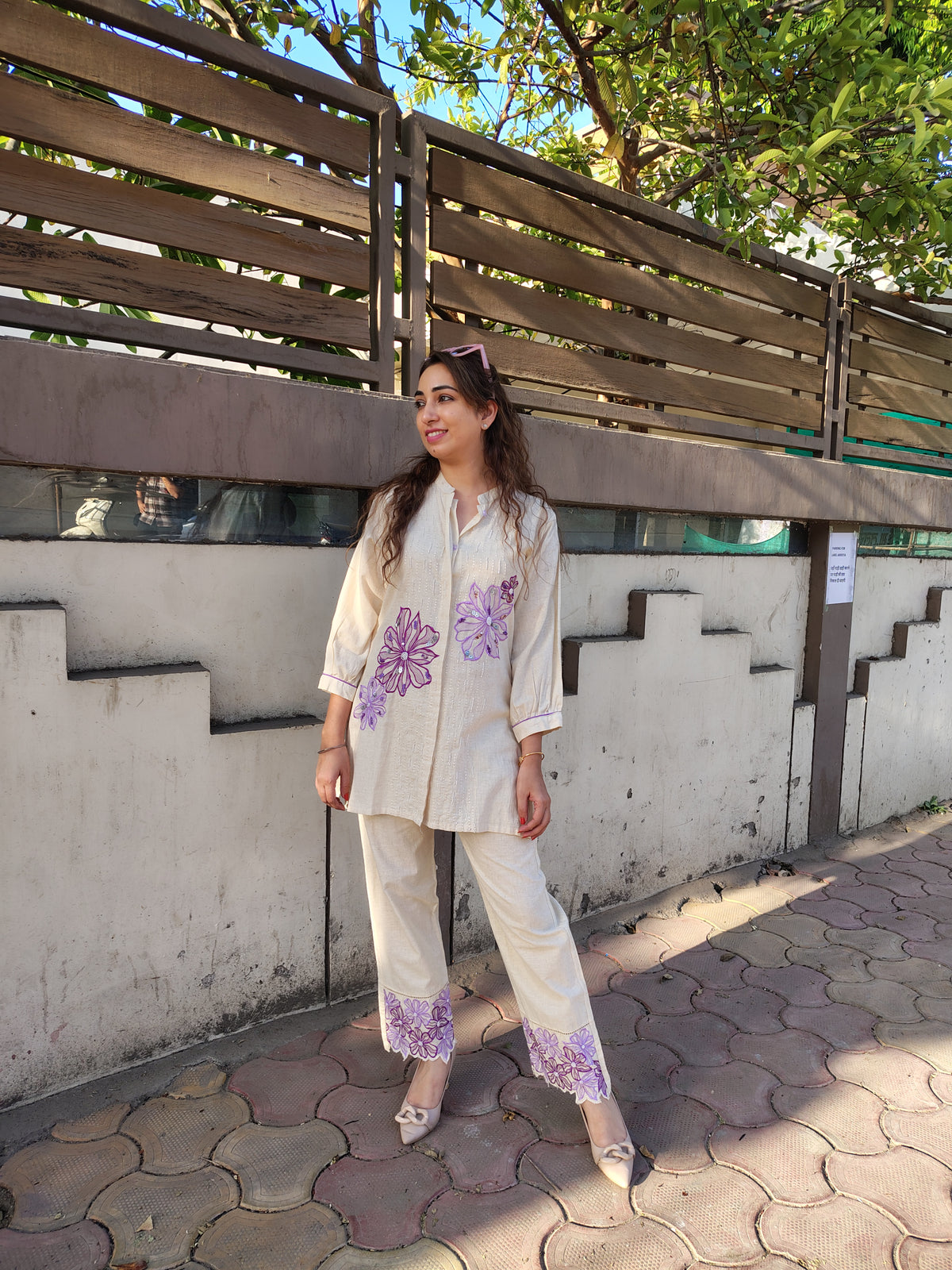 White Co-ord With Purple Flower
