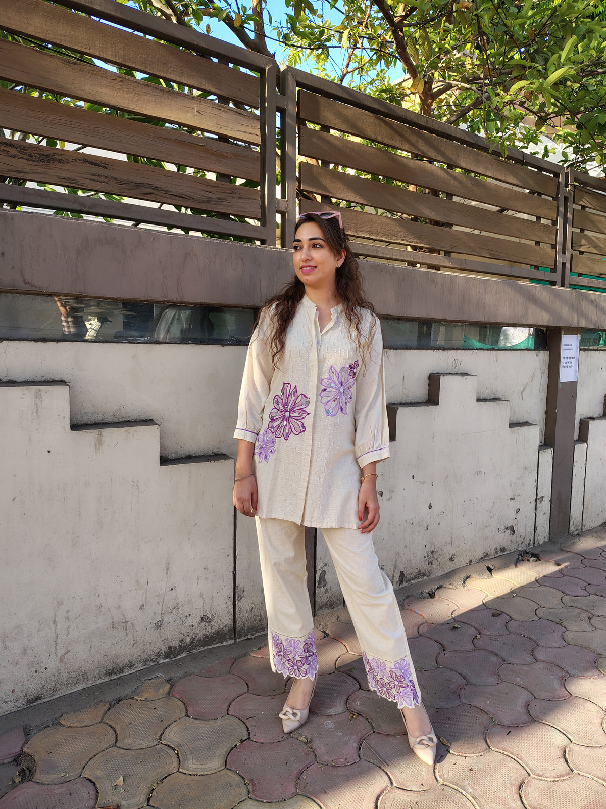 White Co-ord With Purple Flower