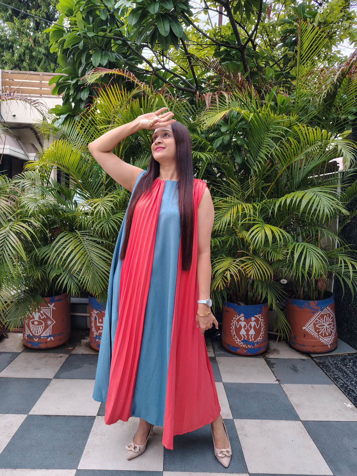 Pleated Denim Dress