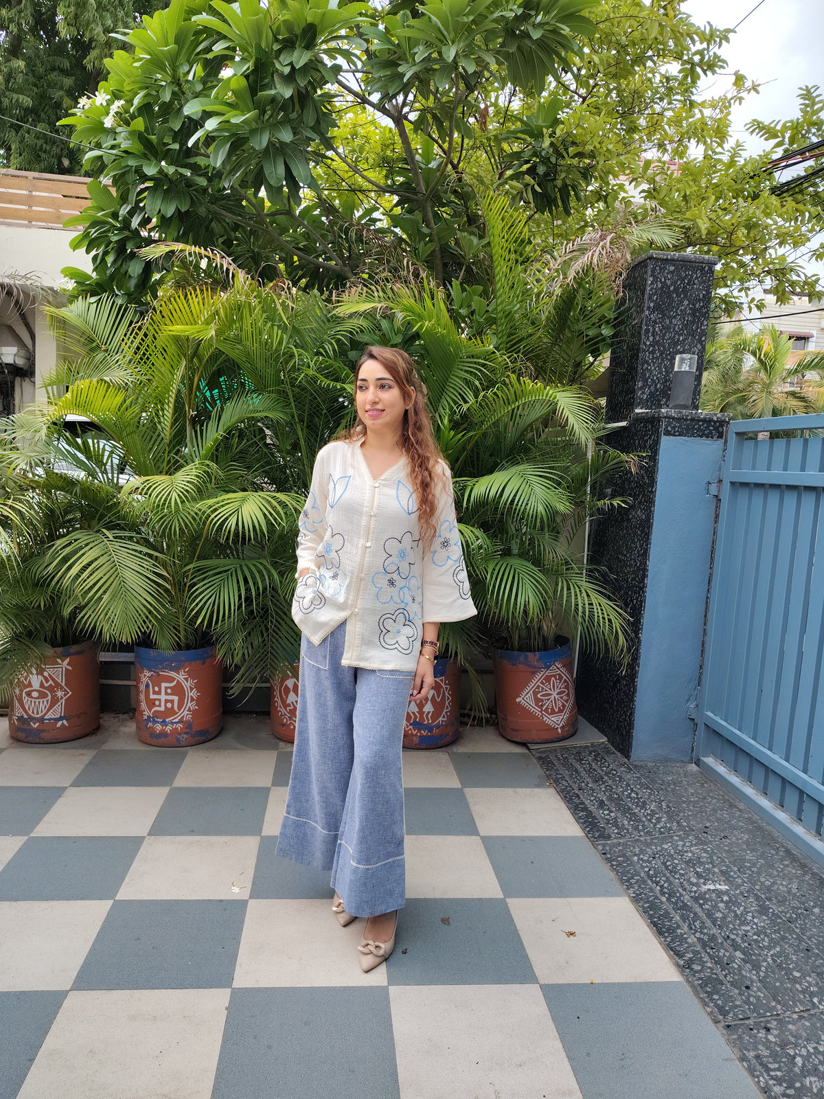 White Top Blue Pants Co-ord