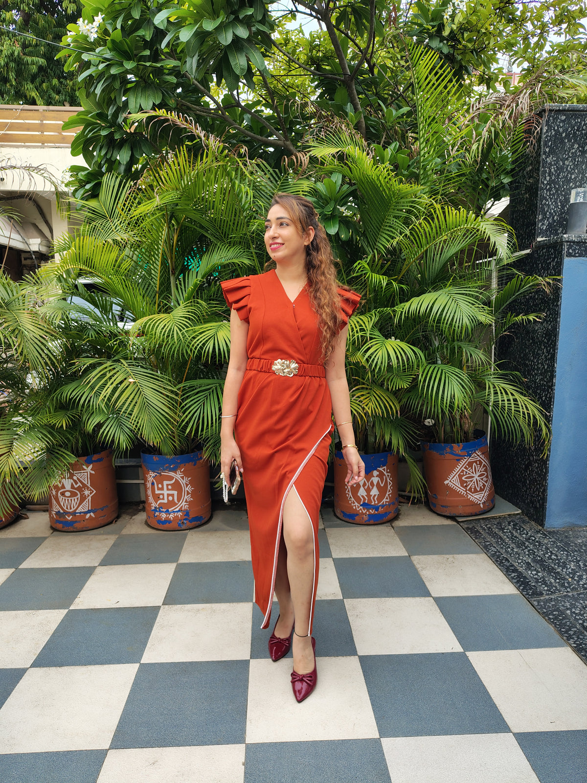 Orange Slit Dress With Belt